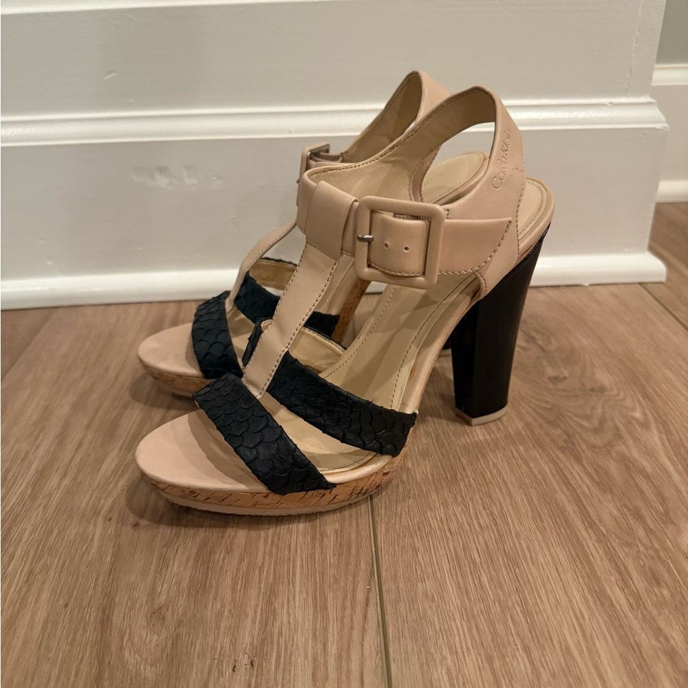 Calvin Klein Black and Tan Heels with Ankle Straps